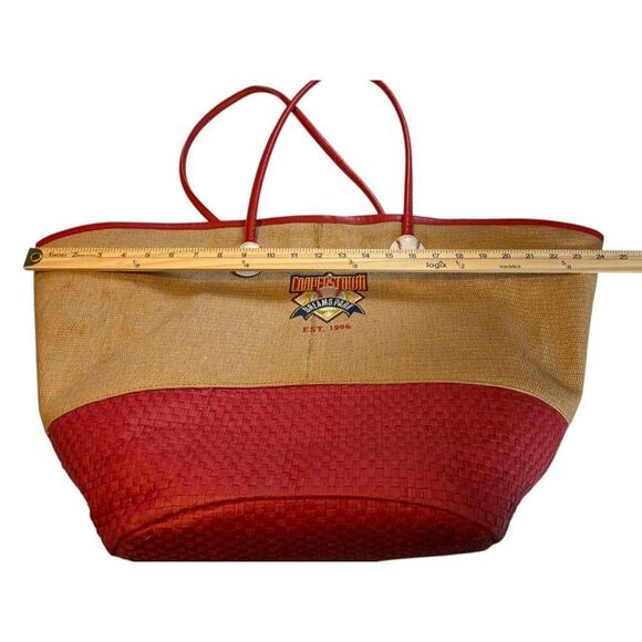 Cooperstown Dreams Park Baseball Themed Tote Bag With Red & Beige Straw Design - Picture 4 of 9
